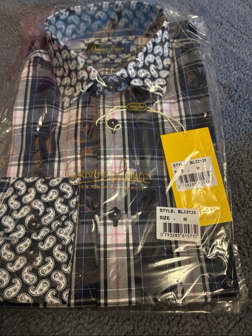 Sean John Navy and Gray Plaid Button-Down with Paisley Trim